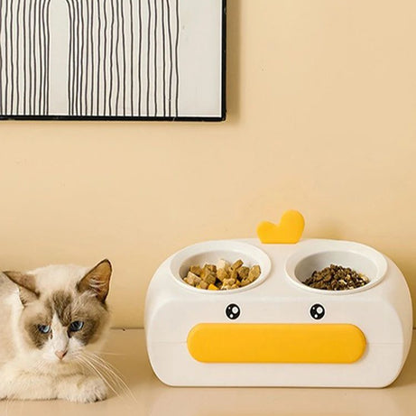 Duck Design Pet Double Bowl Plastic Kitten Dog Food Drinking Tray