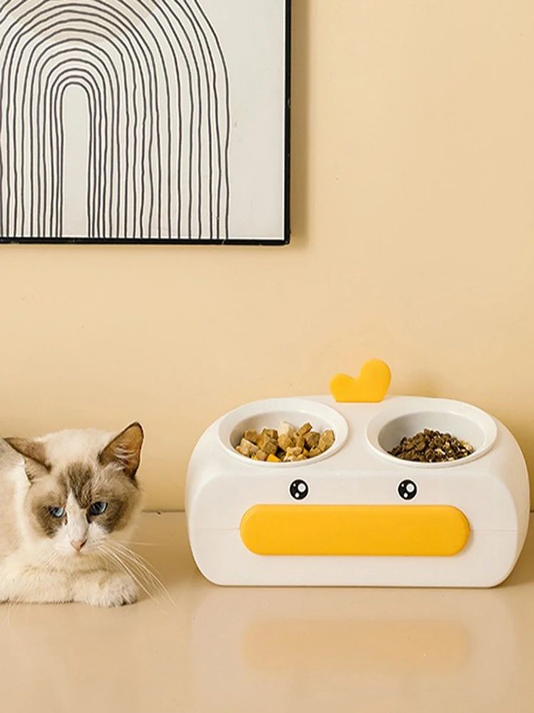 Duck Design Pet Double Bowl Plastic Kitten Dog Food Drinking Tray