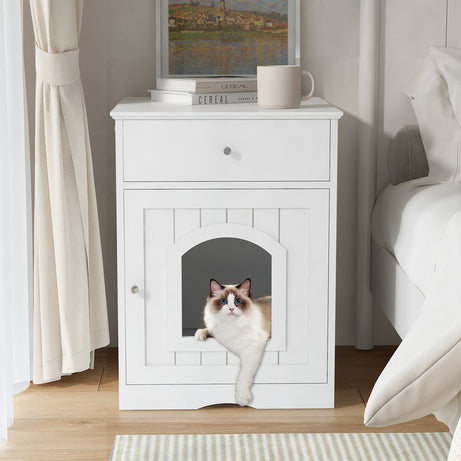 White Wooden Cat Litter Box Enclosure W Drawer Side Table Indoor