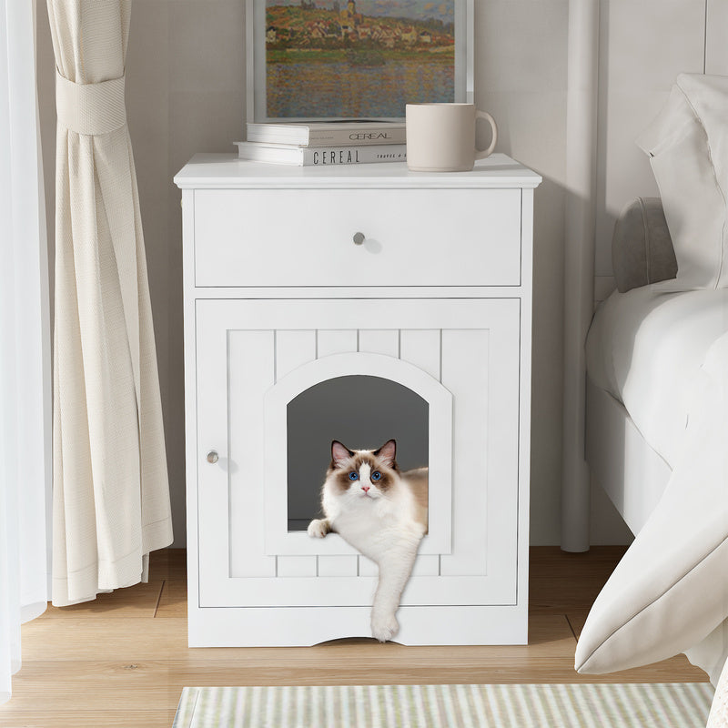 White Wooden Cat Litter Box Enclosure W Drawer Side Table Indoor