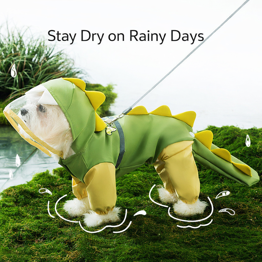 Dog Raincoat Waterproof 4-legged Dinosaur Design With Tail Cover
