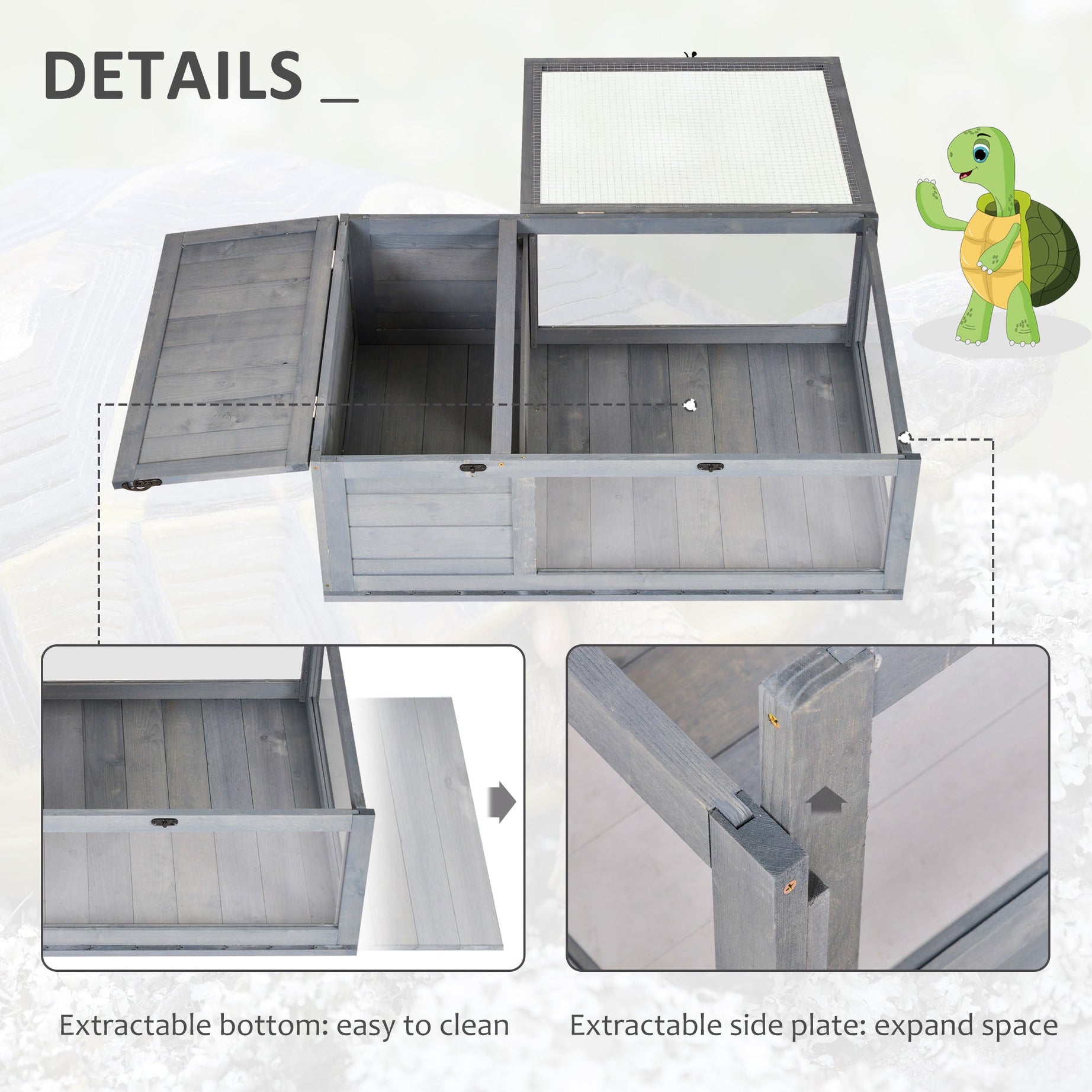 Wooden Reptile Cage With 3 Windows Slide-out Tray For Turtles
