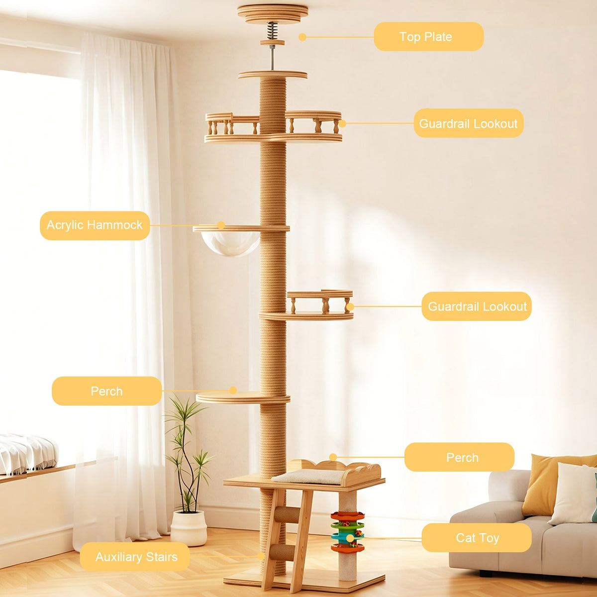 Adjustable Height Floor-to-ceiling Cat Tree Made Of Mdf Board Tall
