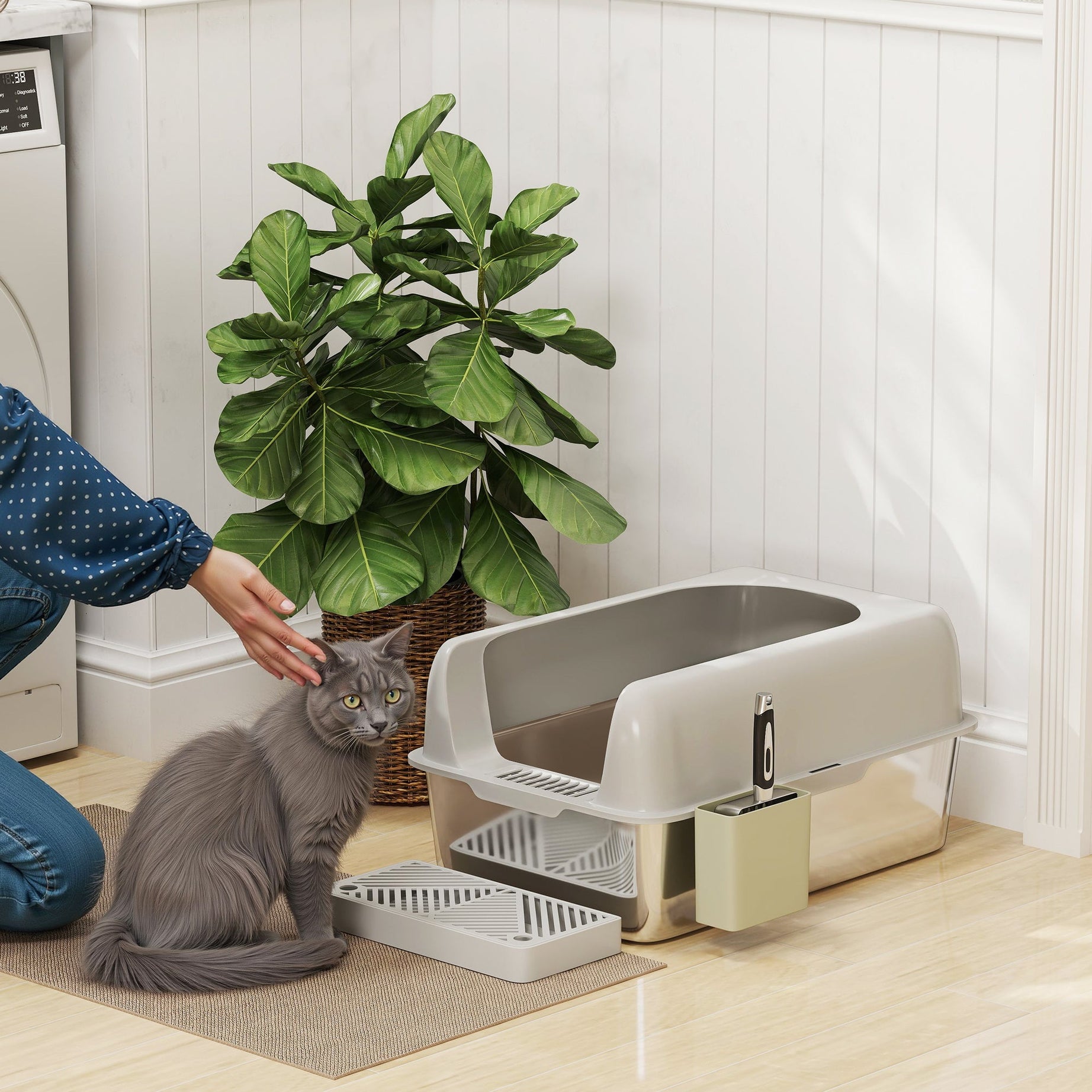 High Sided Stainless Steel Litter Box With Metal Scoop Holder