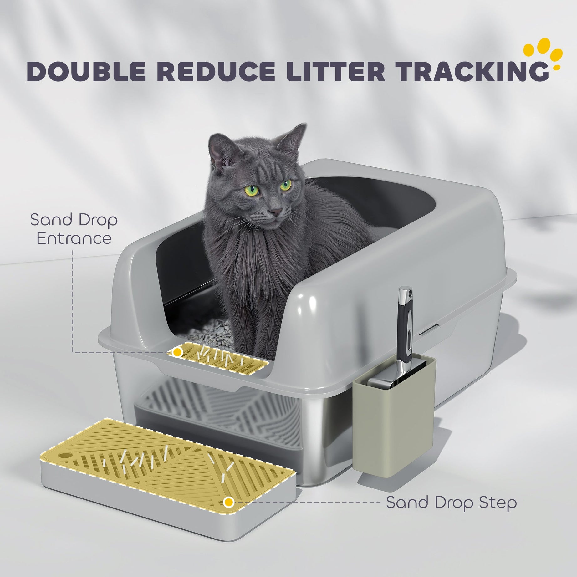 High Sided Stainless Steel Litter Box With Metal Scoop Holder