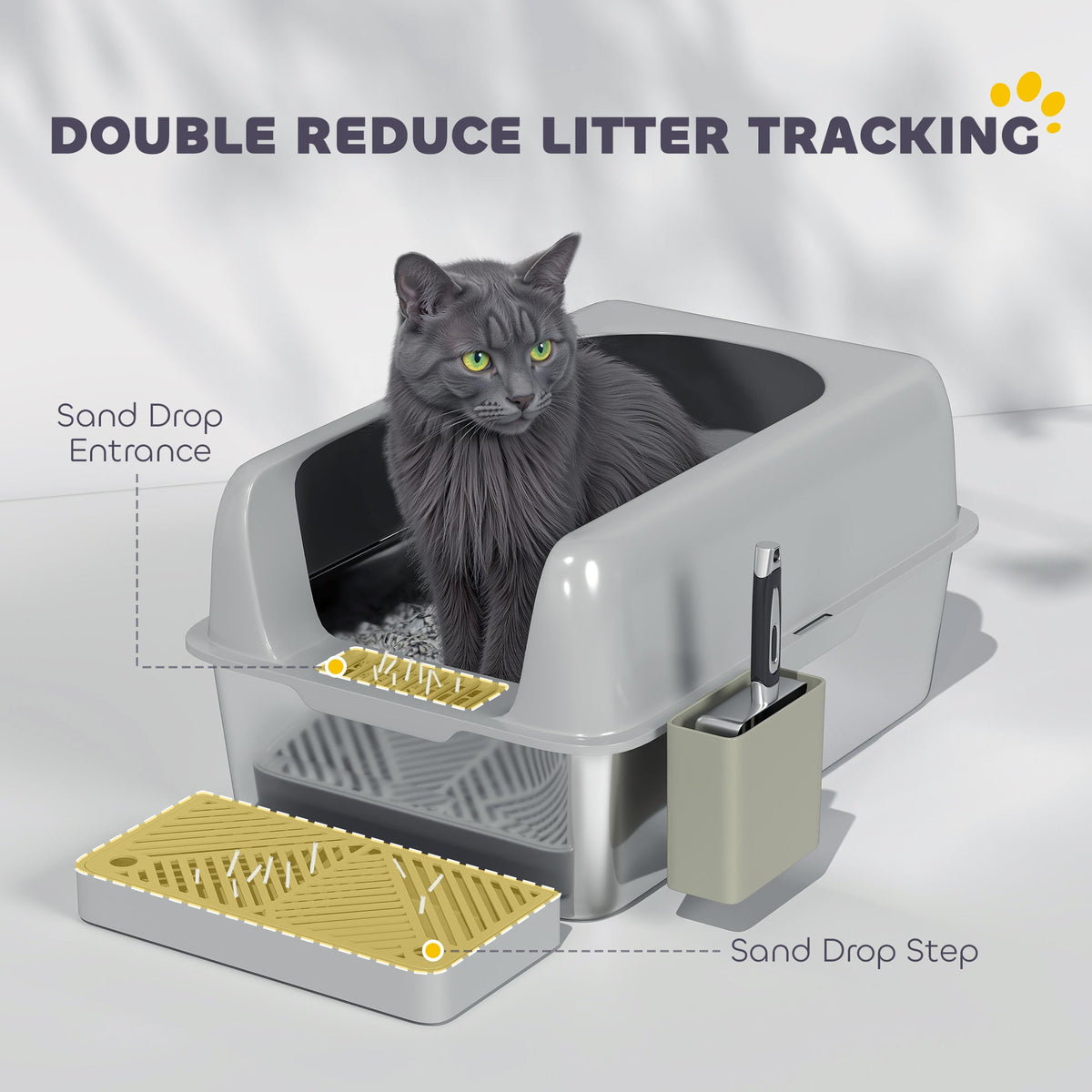 High Sided Stainless Steel Litter Box With Metal Scoop Holder