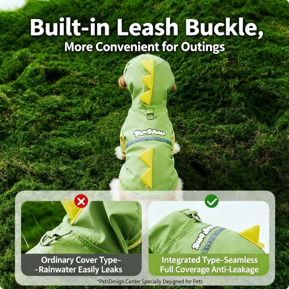 Dog Raincoat Waterproof 4-legged Dinosaur Design With Tail Cover