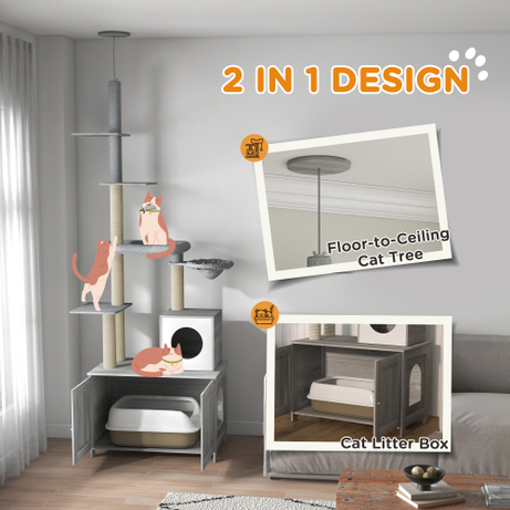 Pawhut Cat Tree With Litter Box Enclosure 2-in-1 Floor To Ceiling