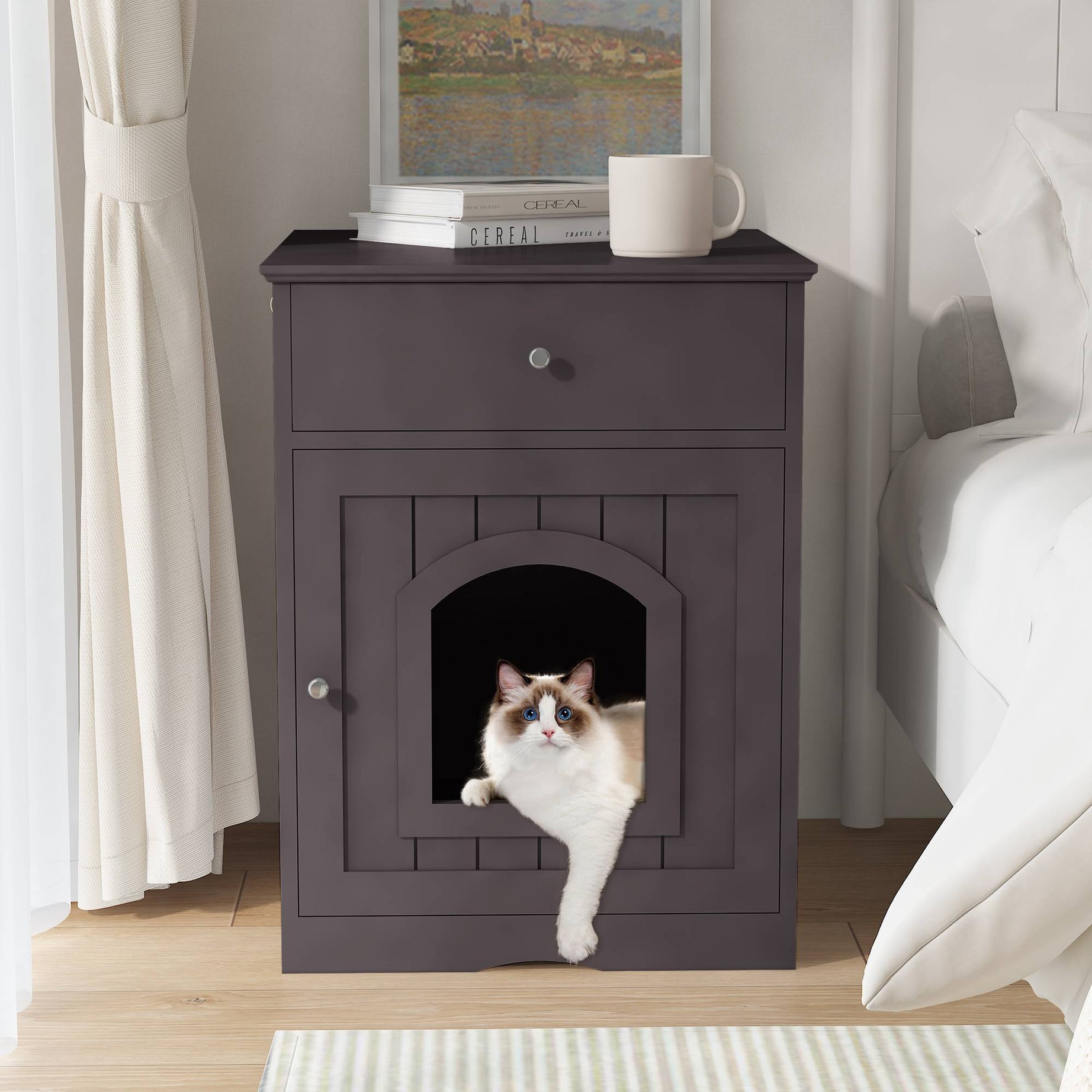 Wooden Pet House Cat Litter Box Enclosure With Drawer Side Table