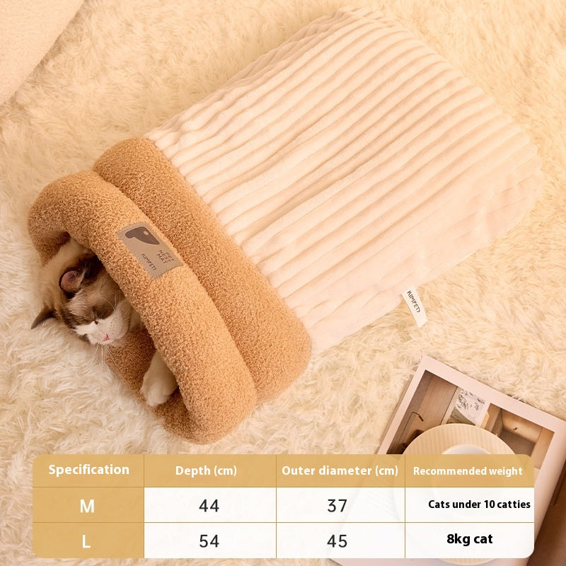 Pet Sleeping Bag Winter Warm Soft Plush Semi Enclosed Cat Nest Home