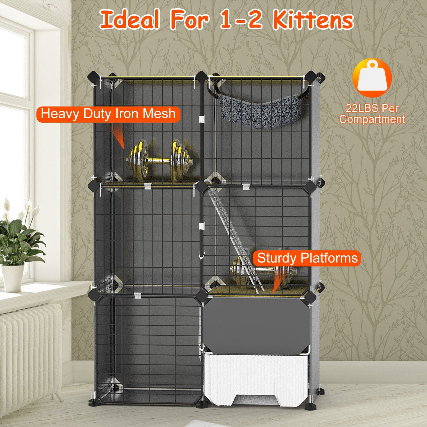 3 Tier Cat Cage Indoor With Litter Box Hammock Detachable Metal