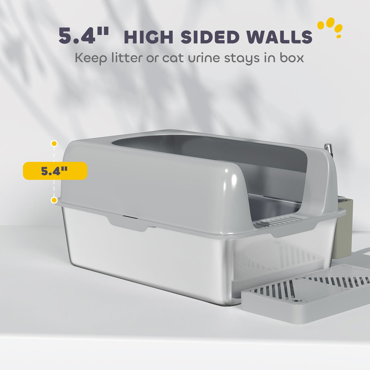 High Sided Stainless Steel Litter Box With Metal Scoop Holder