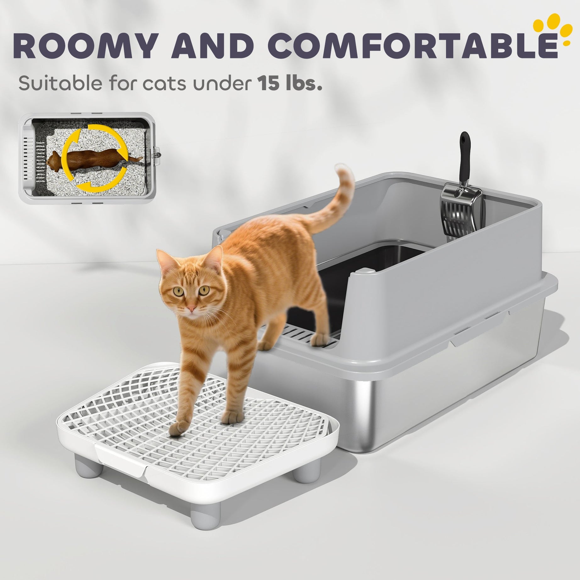 Extra Large Stainless Steel Cat Litter Box With Scoop Pad