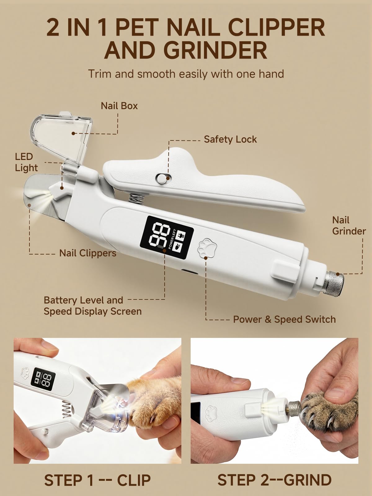 Dog Nail Clippers With Light 2-in-1 Clipper Grinder Trimmer